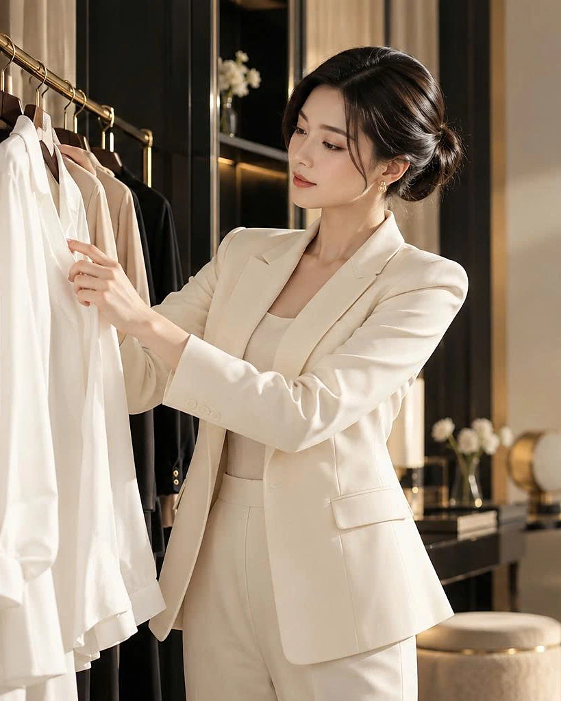 Người mẫu mặc blazer kem chọn áo sơ mi trắng trên giá treo